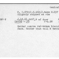 Index card with typed and handwritten information, sometimes including a sketch, of pottery from an excavation.