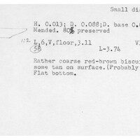Index card with typed and handwritten information, sometimes including a sketch, of pottery from an excavation.