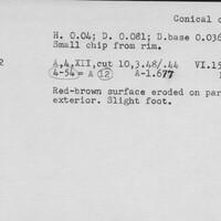 Index card with typed and handwritten information, sometimes including a sketch, of pottery from an excavation.