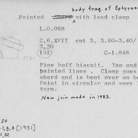 Index card with typed and handwritten information, sometimes including a sketch, of pottery from an excavation.