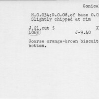 Index card with typed and handwritten information, sometimes including a sketch, of pottery from an excavation.