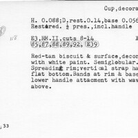 Index card with typed and handwritten information, sometimes including a sketch, of pottery from an excavation.
