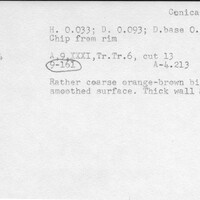 Index card with typed and handwritten information, sometimes including a sketch, of pottery from an excavation.
