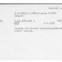 Index card with typed and handwritten information, sometimes including a sketch, of pottery from an excavation.