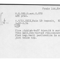 Index card with typed and handwritten information, sometimes including a sketch, of pottery from an excavation.