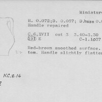 Index card with typed and handwritten information, sometimes including a sketch, of pottery from an excavation.