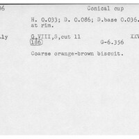 Index card with typed and handwritten information, sometimes including a sketch, of pottery from an excavation.