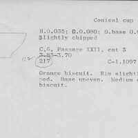 Index card with typed and handwritten information, sometimes including a sketch, of pottery from an excavation.
