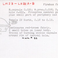 Index card with typed and handwritten information, sometimes including a sketch, of pottery from an excavation.