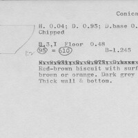 Index card with typed and handwritten information, sometimes including a sketch, of pottery from an excavation.