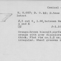 Index card with typed and handwritten information, sometimes including a sketch, of pottery from an excavation.