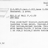 Index card with typed and handwritten information, sometimes including a sketch, of pottery from an excavation.