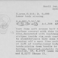 Index card with typed and handwritten information, sometimes including a sketch, of pottery from an excavation.