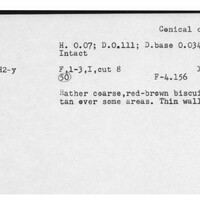 Index card with typed and handwritten information, sometimes including a sketch, of pottery from an excavation.