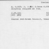 Index card with typed and handwritten information, sometimes including a sketch, of pottery from an excavation.