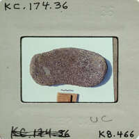 A small, irregularly shaped rock with a rough texture and specks of color on a white surface.
