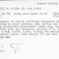 Index card with typed and handwritten information, sometimes including a sketch, of pottery from an excavation.
