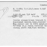 Index card with typed and handwritten information, sometimes including a sketch, of pottery from an excavation.