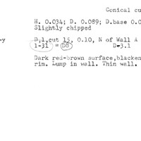 Index card with typed and handwritten information, sometimes including a sketch, of pottery from an excavation.