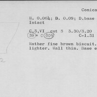 Index card with typed and handwritten information, sometimes including a sketch, of pottery from an excavation.