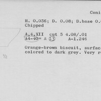 Index card with typed and handwritten information, sometimes including a sketch, of pottery from an excavation.