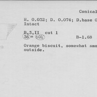 Index card with typed and handwritten information, sometimes including a sketch, of pottery from an excavation.