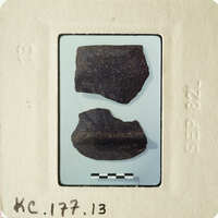 Two fragments of pottery on a white background with labels and measurements.