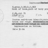 Index card with typed and handwritten information, sometimes including a sketch, of pottery from an excavation.