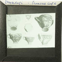 A framed collection of antique cups and saucers with various designs.