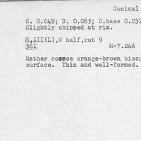 Index card with typed and handwritten information, sometimes including a sketch, of pottery from an excavation.