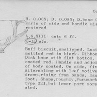 Index card with typed and handwritten information, sometimes including a sketch, of pottery from an excavation.