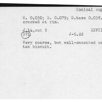 Index card with typed and handwritten information, sometimes including a sketch, of pottery from an excavation.