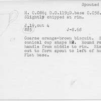 Index card with typed and handwritten information, sometimes including a sketch, of pottery from an excavation.