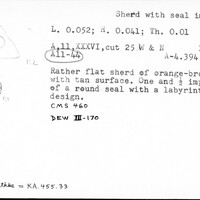 Index card with typed and handwritten information, sometimes including a sketch, of pottery from an excavation.