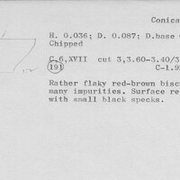 Index card with typed and handwritten information, sometimes including a sketch, of pottery from an excavation.