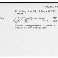 Index card with typed and handwritten information, sometimes including a sketch, of pottery from an excavation.