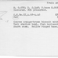Index card with typed and handwritten information, sometimes including a sketch, of pottery from an excavation.