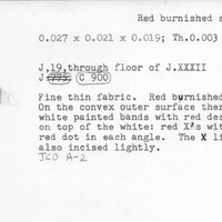 Index card with typed and handwritten information, sometimes including a sketch, of pottery from an excavation.
