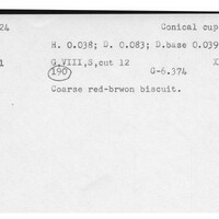 Index card with typed and handwritten information, sometimes including a sketch, of pottery from an excavation.