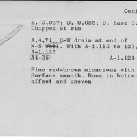 Index card with typed and handwritten information, sometimes including a sketch, of pottery from an excavation.