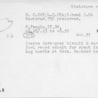 Index card with typed and handwritten information, sometimes including a sketch, of pottery from an excavation.
