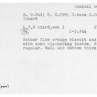 Index card with typed and handwritten information, sometimes including a sketch, of pottery from an excavation.