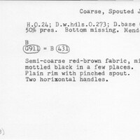 Index card with typed and handwritten information, sometimes including a sketch, of pottery from an excavation.