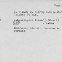 Index card with typed and handwritten information, sometimes including a sketch, of pottery from an excavation.