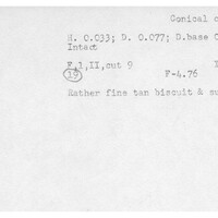 Index card with typed and handwritten information, sometimes including a sketch, of pottery from an excavation.