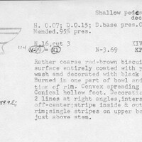Index card with typed and handwritten information, sometimes including a sketch, of pottery from an excavation.