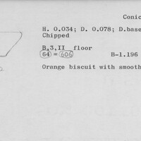 Index card with typed and handwritten information, sometimes including a sketch, of pottery from an excavation.