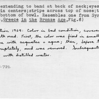 Index card with typed and handwritten information, sometimes including a sketch, of pottery from an excavation.