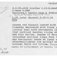 Index card with typed and handwritten information, sometimes including a sketch, of pottery from an excavation.