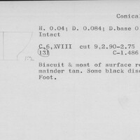 Index card with typed and handwritten information, sometimes including a sketch, of pottery from an excavation.